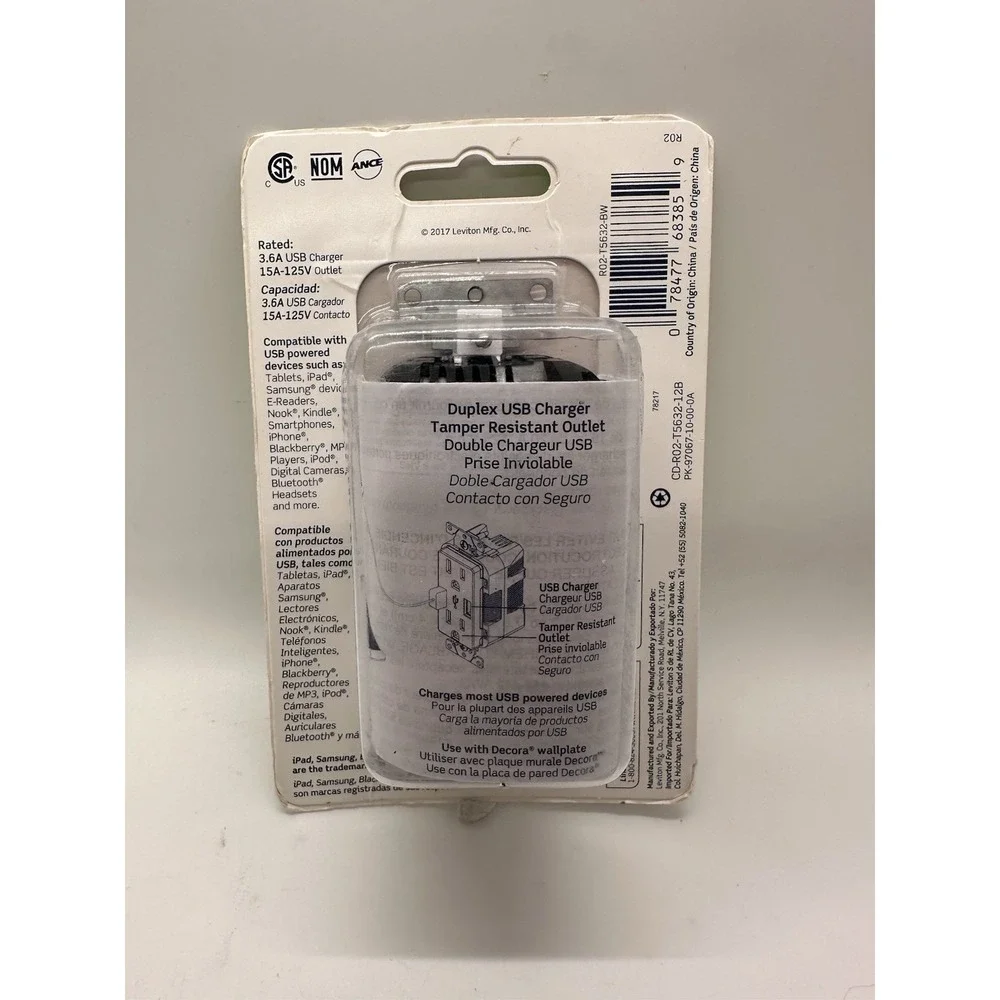 Leviton‎ T5632-W 3.6A USB-A Wall Outlet Charger with 15A Tamper-Resistant...